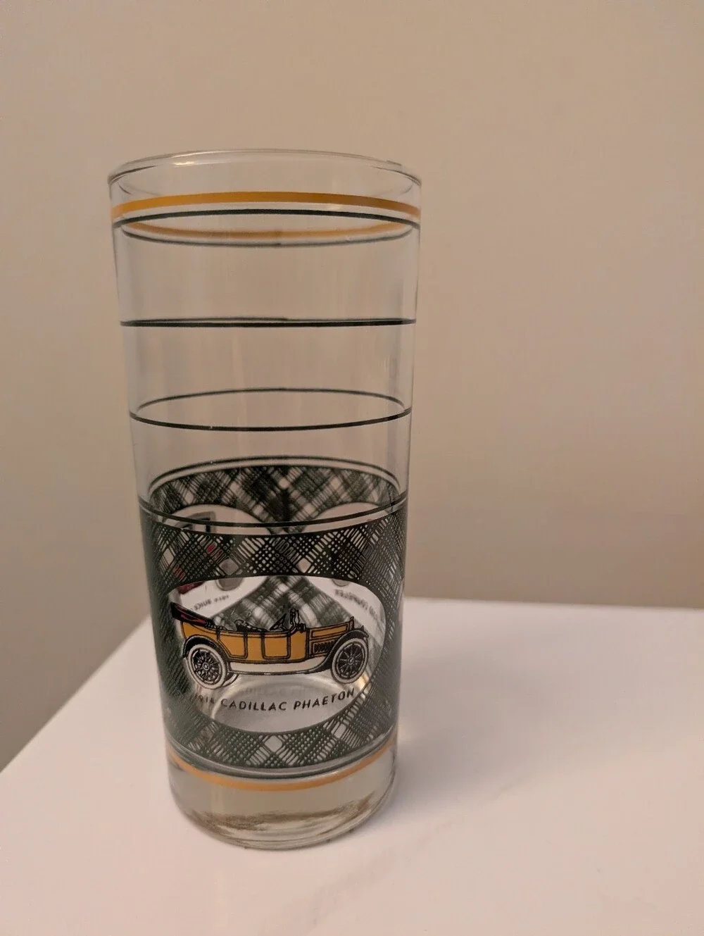 MCM Vintage Libbey Classic Antique Cadillac Plaid Tumbler Glass Gold Rim